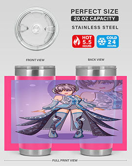 Game of Beautiful Girl140# Anime Tumbler featuring a vibrant design, double wall vacuum stainless steel construction, and a convenient drink-thru lid.