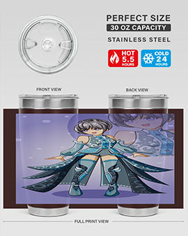 Game of Beautiful Girl140# Anime Tumbler featuring a vibrant design, double wall vacuum stainless steel construction, and a convenient drink-thru lid.