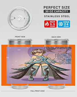 Game of Beautiful Girl140# Anime Tumbler featuring a vibrant design, double wall vacuum stainless steel construction, and a convenient drink-thru lid.