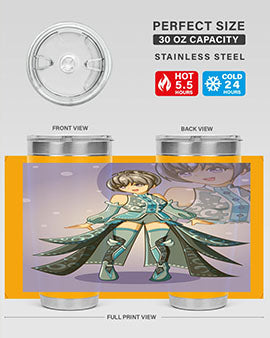 Game of Beautiful Girl140# Anime Tumbler featuring a vibrant design, double wall vacuum stainless steel construction, and a convenient drink-thru lid.