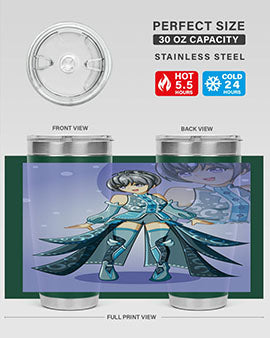 Game of Beautiful Girl140# Anime Tumbler featuring a vibrant design, double wall vacuum stainless steel construction, and a convenient drink-thru lid.