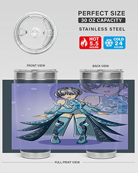 Game of Beautiful Girl140# Anime Tumbler featuring a vibrant design, double wall vacuum stainless steel construction, and a convenient drink-thru lid.