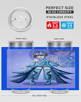 Game of Beautiful Girl140# Anime Tumbler featuring a vibrant design, double wall vacuum stainless steel construction, and a convenient drink-thru lid.