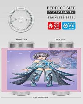 Game of Beautiful Girl140# Anime Tumbler featuring a vibrant design, double wall vacuum stainless steel construction, and a convenient drink-thru lid.
