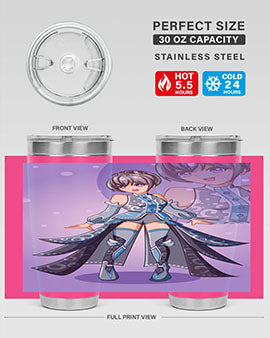 Game of Beautiful Girl140# Anime Tumbler featuring a vibrant design, double wall vacuum stainless steel construction, and a convenient drink-thru lid.
