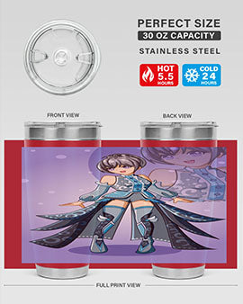 Game of Beautiful Girl140# Anime Tumbler featuring a vibrant design, double wall vacuum stainless steel construction, and a convenient drink-thru lid.