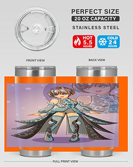 Game of Beautiful Girl140# Anime Tumbler featuring a vibrant design, double wall vacuum stainless steel construction, and a convenient drink-thru lid.