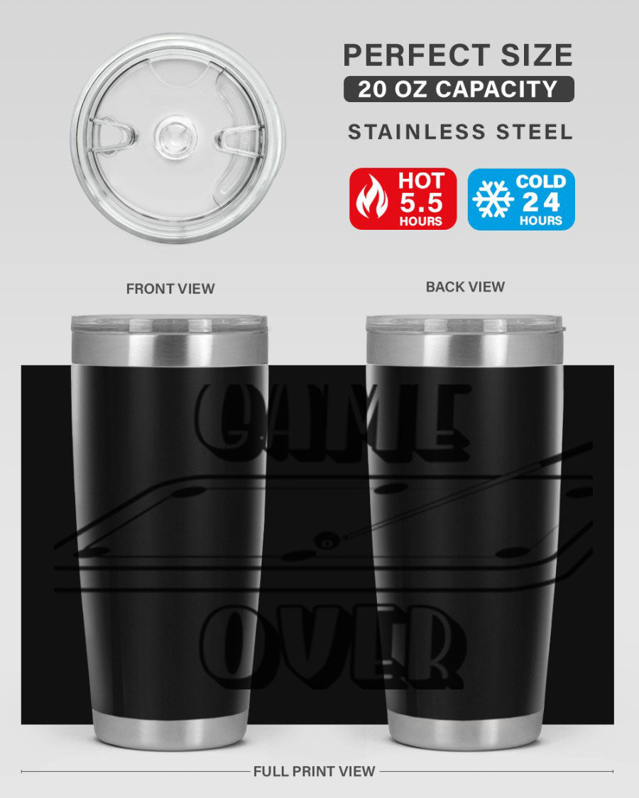 Game Over 1218# Tumbler in 20oz and 30oz sizes, showcasing double wall vacuum stainless steel design with a drink-thru lid.