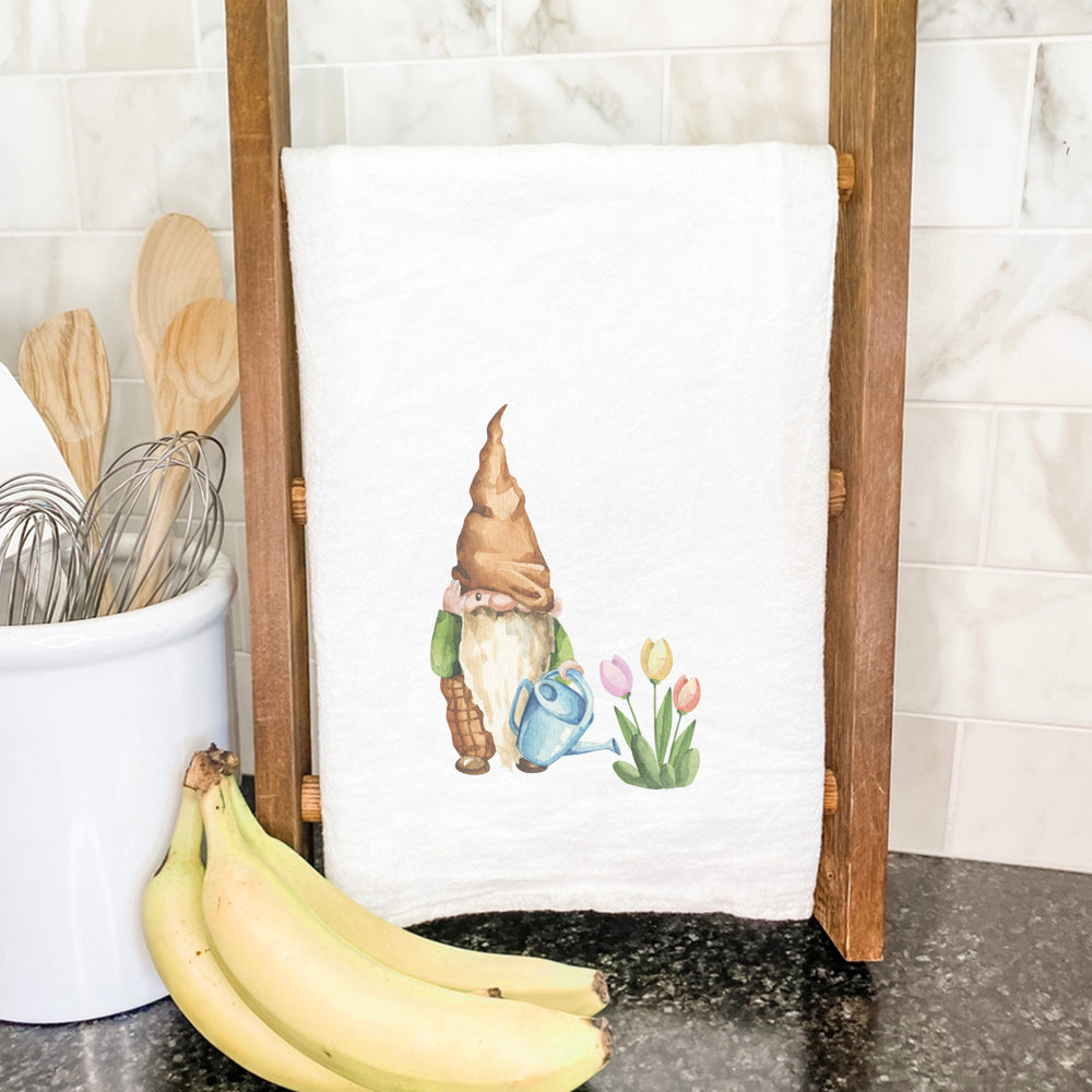 Garden Gnome with Tulips cotton tea towel featuring vibrant colors and absorbent fabric, perfect for kitchen use.
