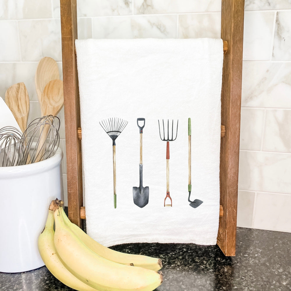Garden Tools Cotton Tea Towel featuring vibrant designs, made from 100% absorbent cotton, perfect for kitchen use.
