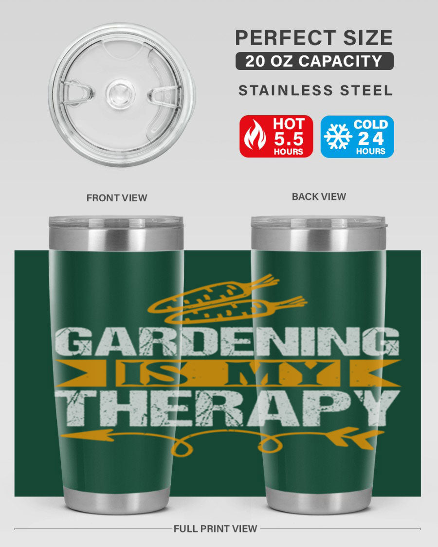 A stylish 20oz stainless steel tumbler with 'Gardening is my Therapy' printed design, perfect for keeping drinks hot or cold.