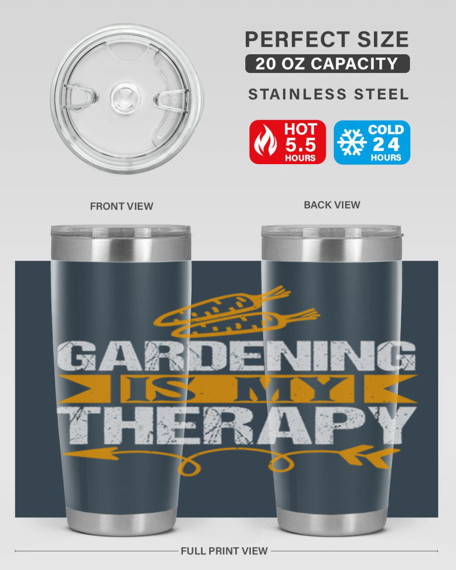 A stylish 20oz stainless steel tumbler with 'Gardening is my Therapy' printed design, perfect for keeping drinks hot or cold.