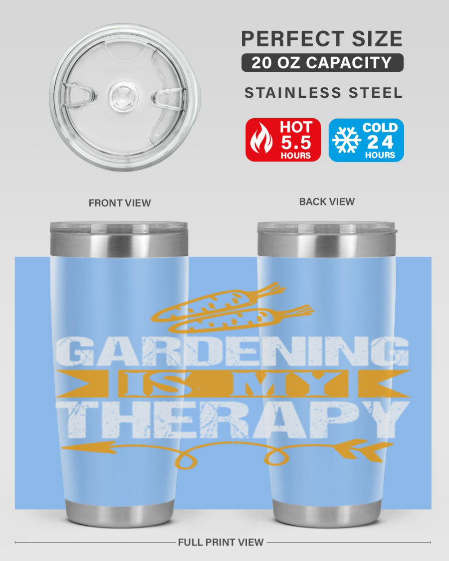 A stylish 20oz stainless steel tumbler with 'Gardening is my Therapy' printed design, perfect for keeping drinks hot or cold.
