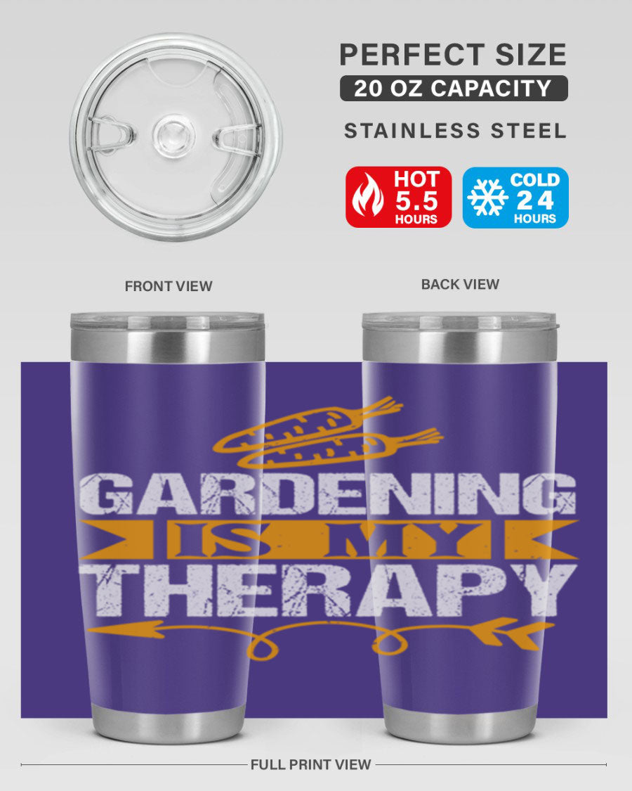 A stylish 20oz stainless steel tumbler with 'Gardening is my Therapy' printed design, perfect for keeping drinks hot or cold.