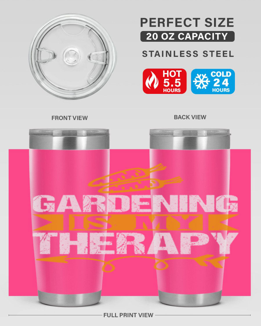A stylish 20oz stainless steel tumbler with 'Gardening is my Therapy' printed design, perfect for keeping drinks hot or cold.