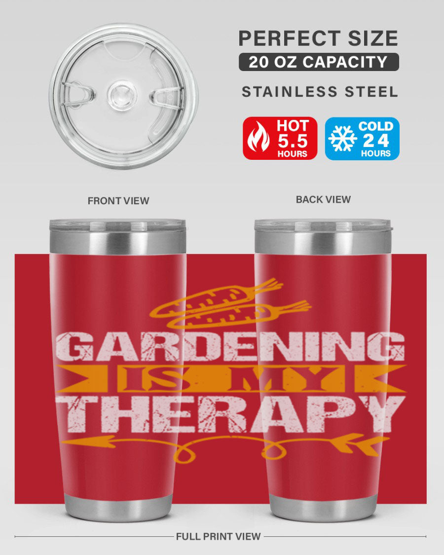 A stylish 20oz stainless steel tumbler with 'Gardening is my Therapy' printed design, perfect for keeping drinks hot or cold.