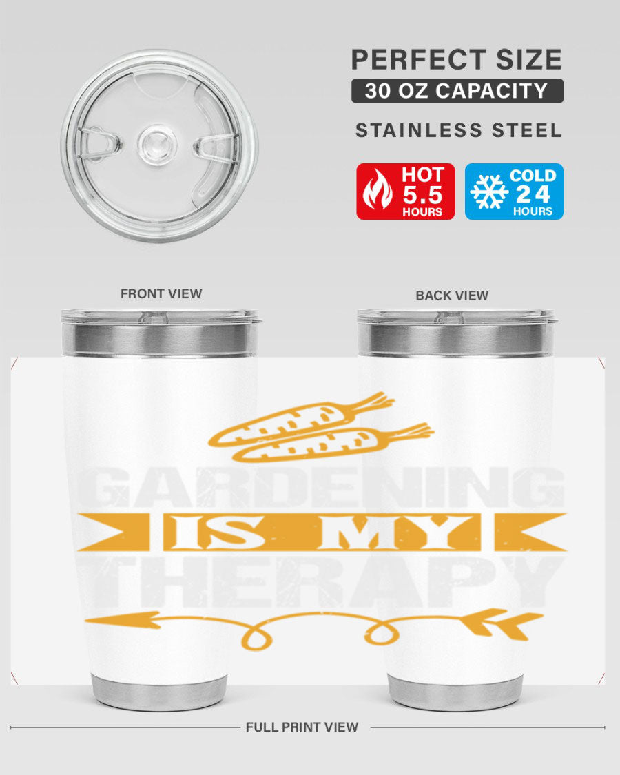 A stylish 20oz stainless steel tumbler with 'Gardening is my Therapy' printed design, perfect for keeping drinks hot or cold.