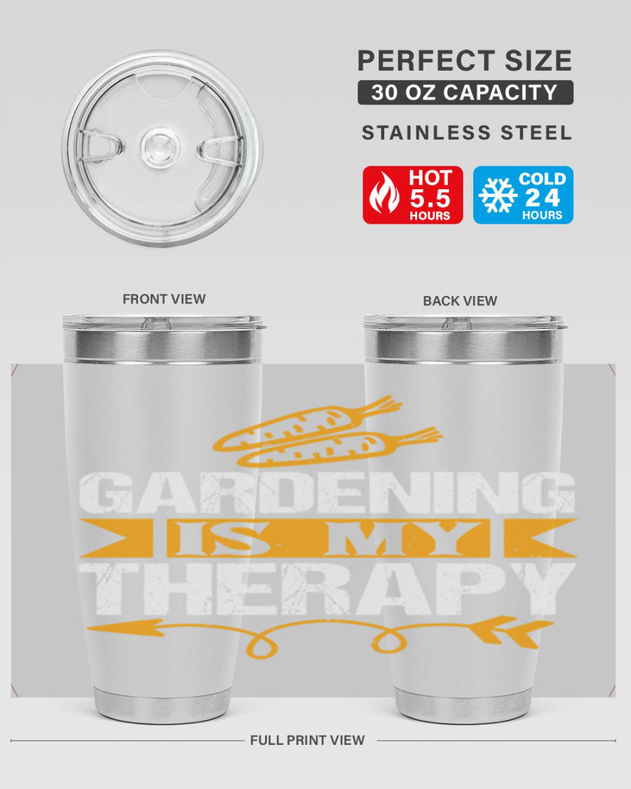 A stylish 20oz stainless steel tumbler with 'Gardening is my Therapy' printed design, perfect for keeping drinks hot or cold.