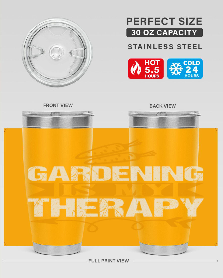 A stylish 20oz stainless steel tumbler with 'Gardening is my Therapy' printed design, perfect for keeping drinks hot or cold.
