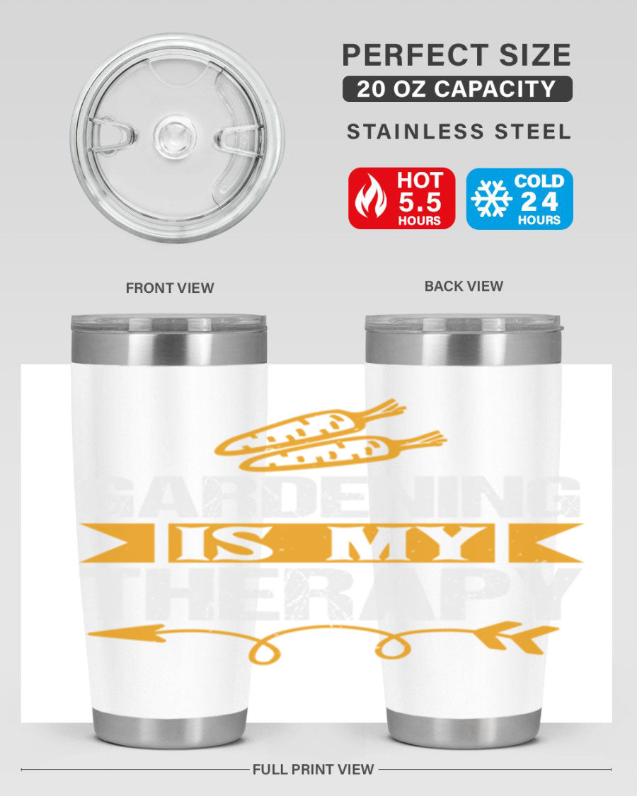 A stylish 20oz stainless steel tumbler with 'Gardening is my Therapy' printed design, perfect for keeping drinks hot or cold.