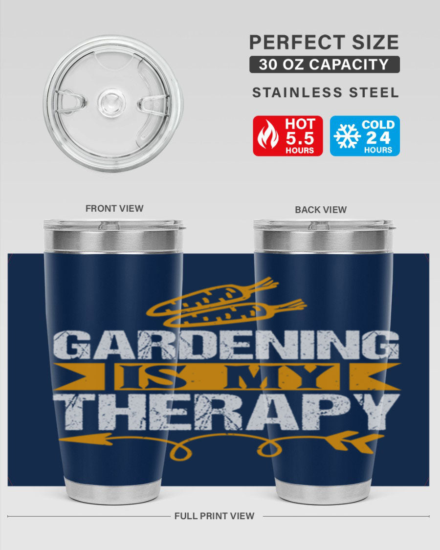 A stylish 20oz stainless steel tumbler with 'Gardening is my Therapy' printed design, perfect for keeping drinks hot or cold.