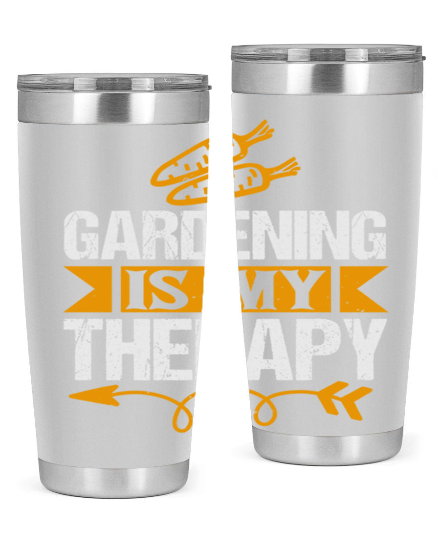 A stylish 20oz stainless steel tumbler with 'Gardening is my Therapy' printed design, perfect for keeping drinks hot or cold.