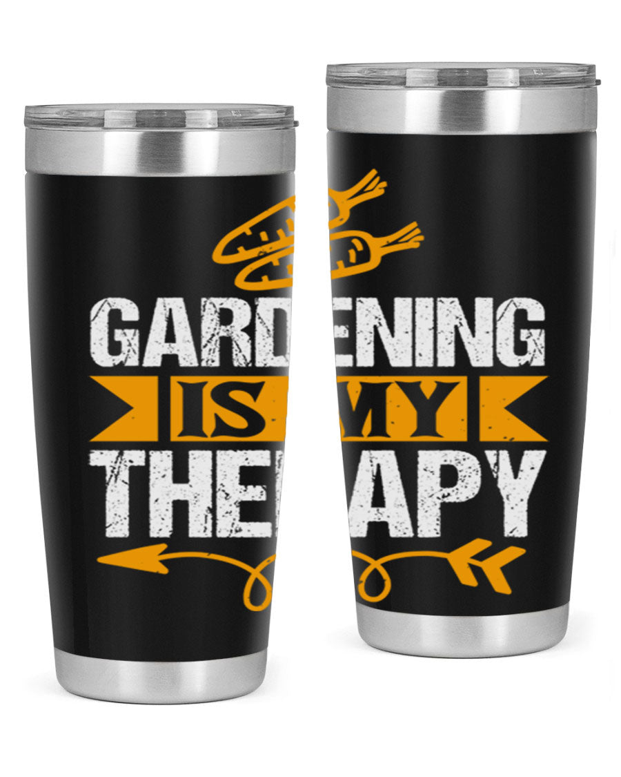 A stylish 20oz stainless steel tumbler with 'Gardening is my Therapy' printed design, perfect for keeping drinks hot or cold.