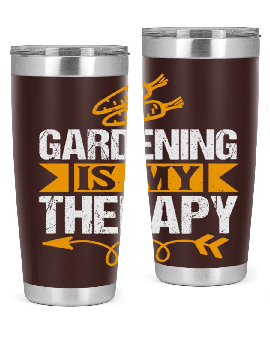 A stylish 20oz stainless steel tumbler with 'Gardening is my Therapy' printed design, perfect for keeping drinks hot or cold.