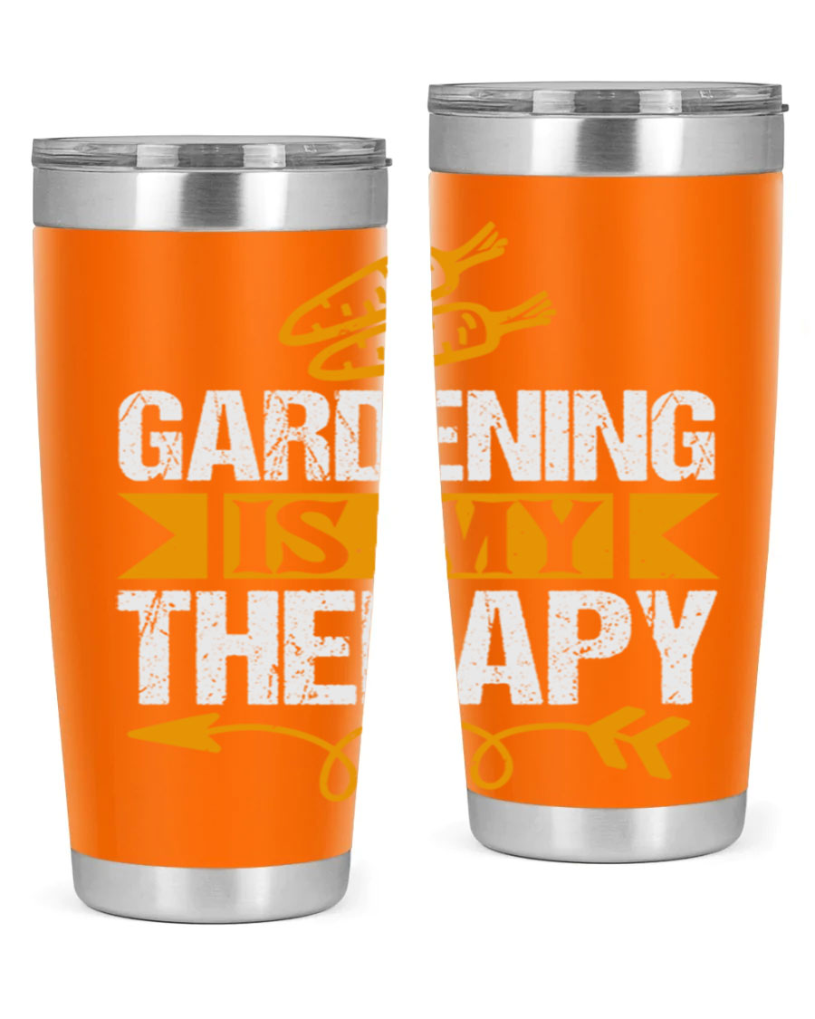 A stylish 20oz stainless steel tumbler with 'Gardening is my Therapy' printed design, perfect for keeping drinks hot or cold.