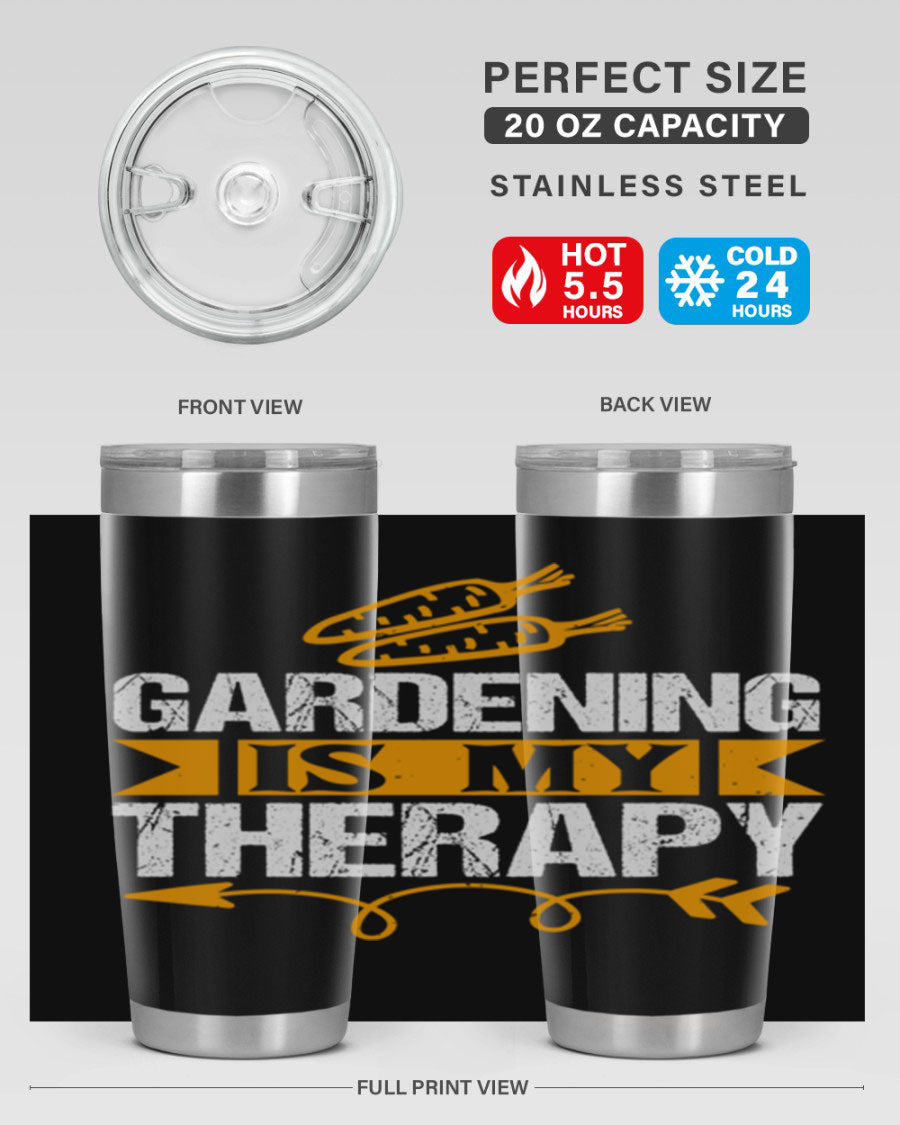 A stylish 20oz stainless steel tumbler with 'Gardening is my Therapy' printed design, perfect for keeping drinks hot or cold.