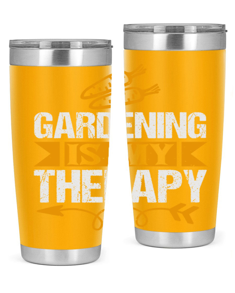 A stylish 20oz stainless steel tumbler with 'Gardening is my Therapy' printed design, perfect for keeping drinks hot or cold.