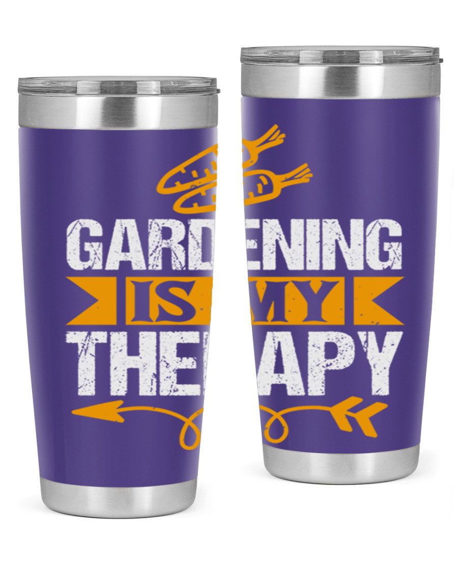 A stylish 20oz stainless steel tumbler with 'Gardening is my Therapy' printed design, perfect for keeping drinks hot or cold.