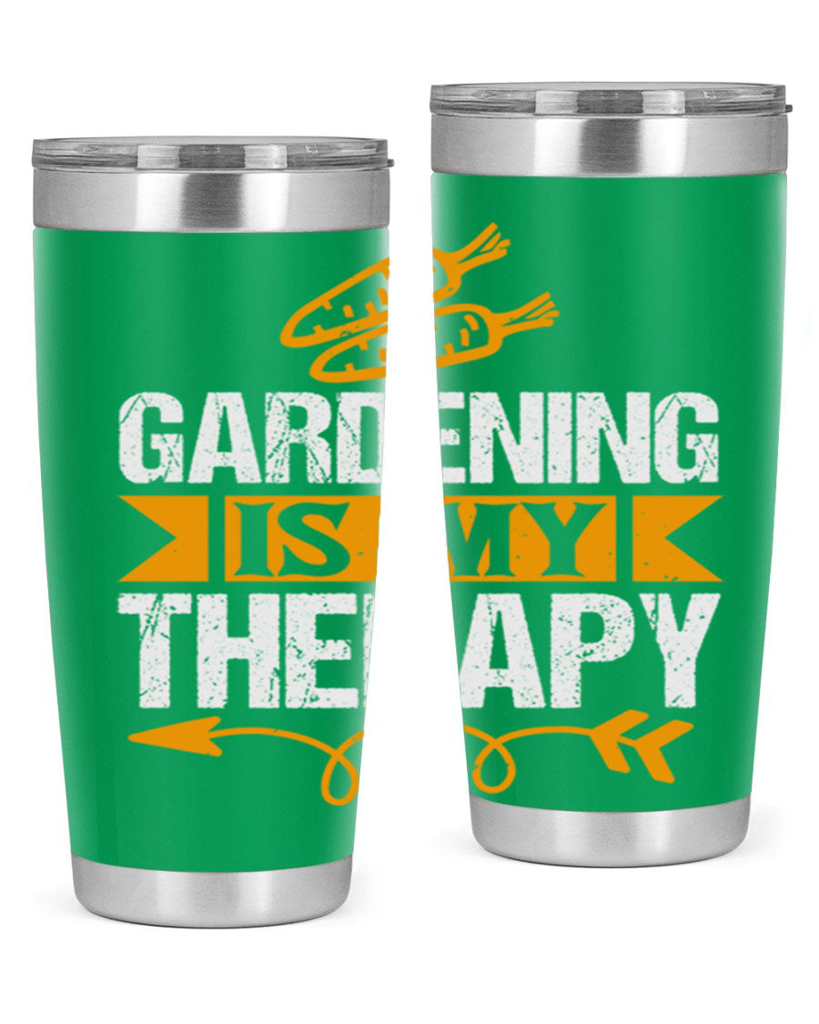 A stylish 20oz stainless steel tumbler with 'Gardening is my Therapy' printed design, perfect for keeping drinks hot or cold.