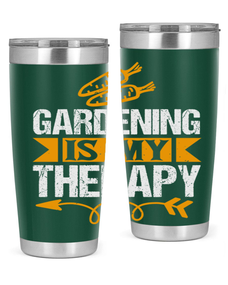 A stylish 20oz stainless steel tumbler with 'Gardening is my Therapy' printed design, perfect for keeping drinks hot or cold.