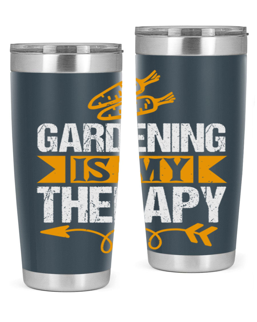 A stylish 20oz stainless steel tumbler with 'Gardening is my Therapy' printed design, perfect for keeping drinks hot or cold.
