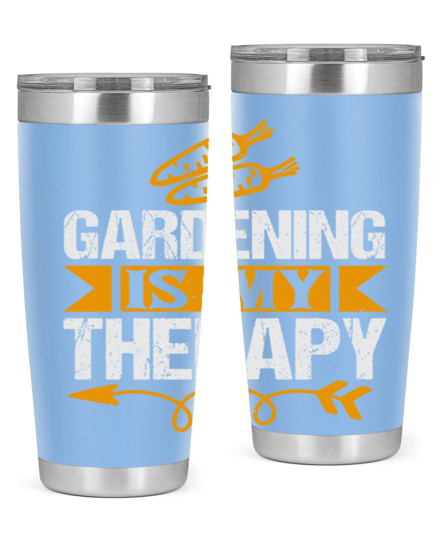 A stylish 20oz stainless steel tumbler with 'Gardening is my Therapy' printed design, perfect for keeping drinks hot or cold.