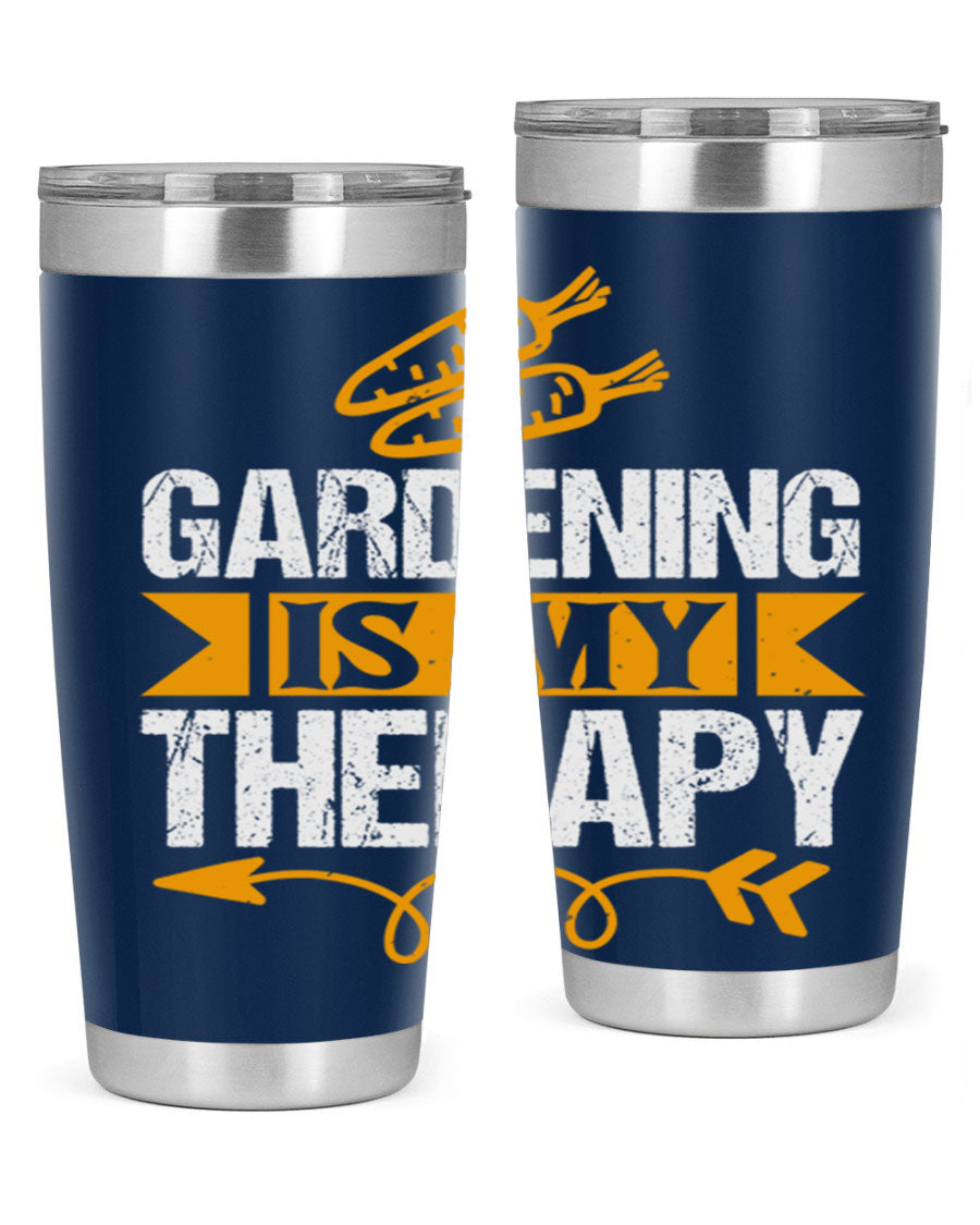 A stylish 20oz stainless steel tumbler with 'Gardening is my Therapy' printed design, perfect for keeping drinks hot or cold.