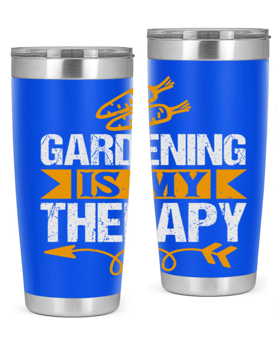 A stylish 20oz stainless steel tumbler with 'Gardening is my Therapy' printed design, perfect for keeping drinks hot or cold.