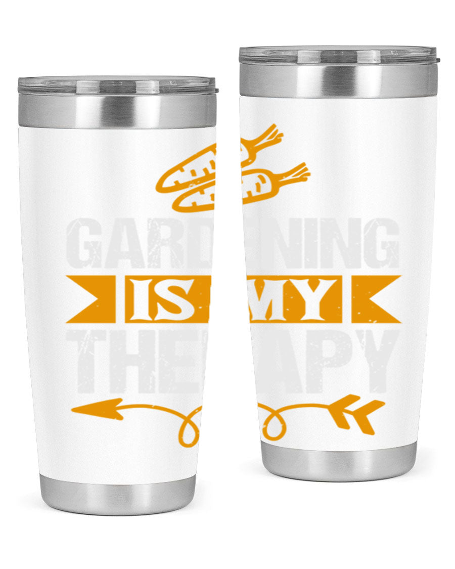 A stylish 20oz stainless steel tumbler with 'Gardening is my Therapy' printed design, perfect for keeping drinks hot or cold.