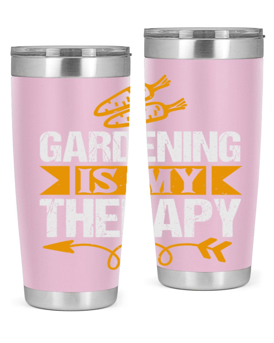 A stylish 20oz stainless steel tumbler with 'Gardening is my Therapy' printed design, perfect for keeping drinks hot or cold.