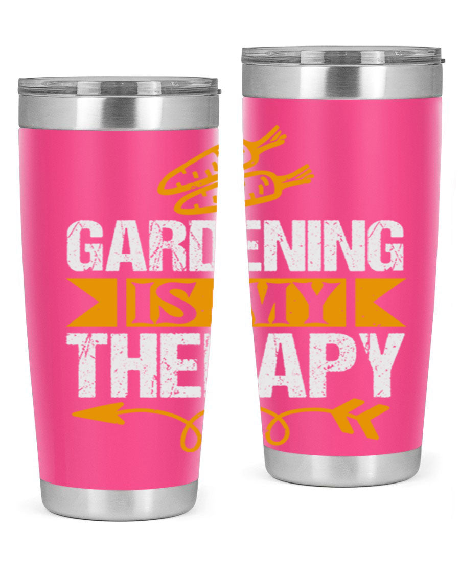 A stylish 20oz stainless steel tumbler with 'Gardening is my Therapy' printed design, perfect for keeping drinks hot or cold.