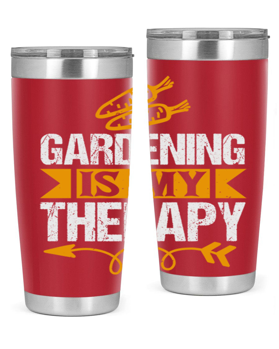 A stylish 20oz stainless steel tumbler with 'Gardening is my Therapy' printed design, perfect for keeping drinks hot or cold.