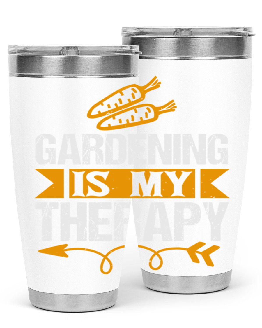 A stylish 20oz stainless steel tumbler with 'Gardening is my Therapy' printed design, perfect for keeping drinks hot or cold.