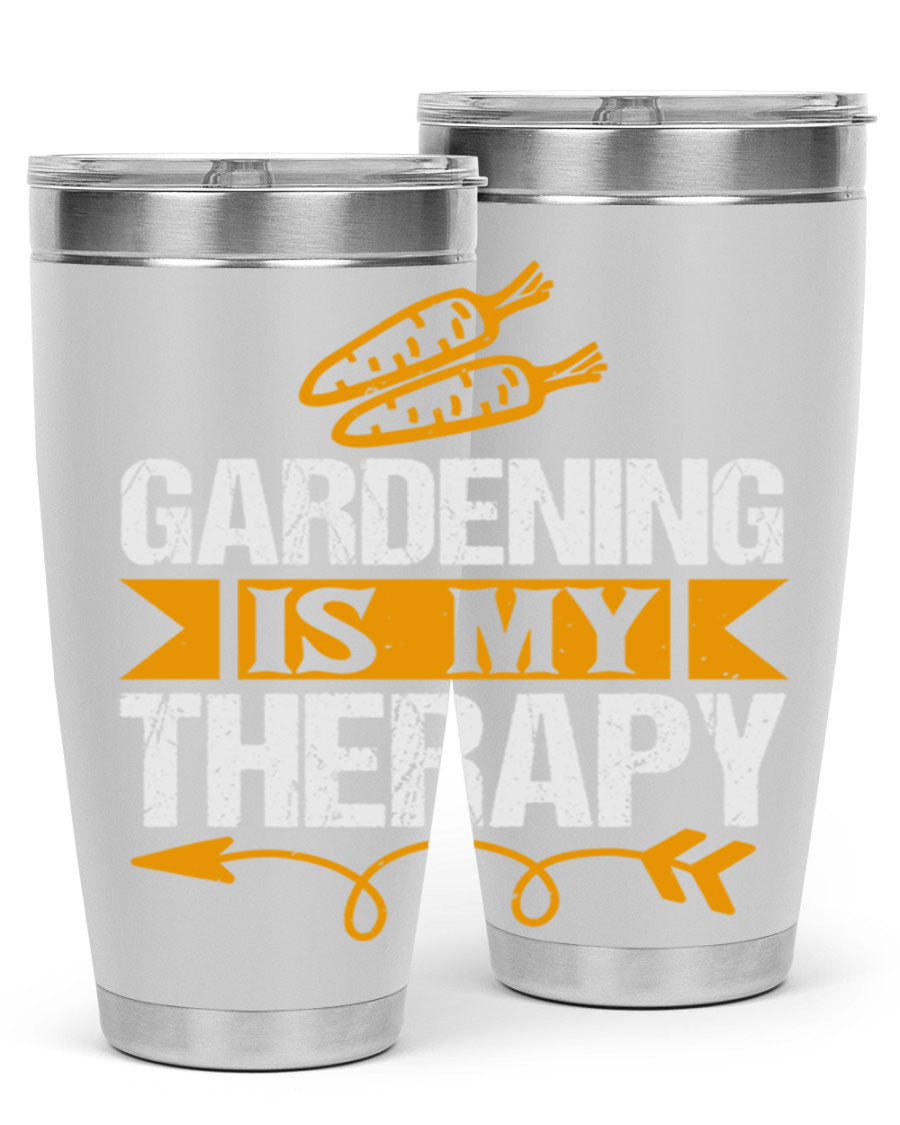 A stylish 20oz stainless steel tumbler with 'Gardening is my Therapy' printed design, perfect for keeping drinks hot or cold.