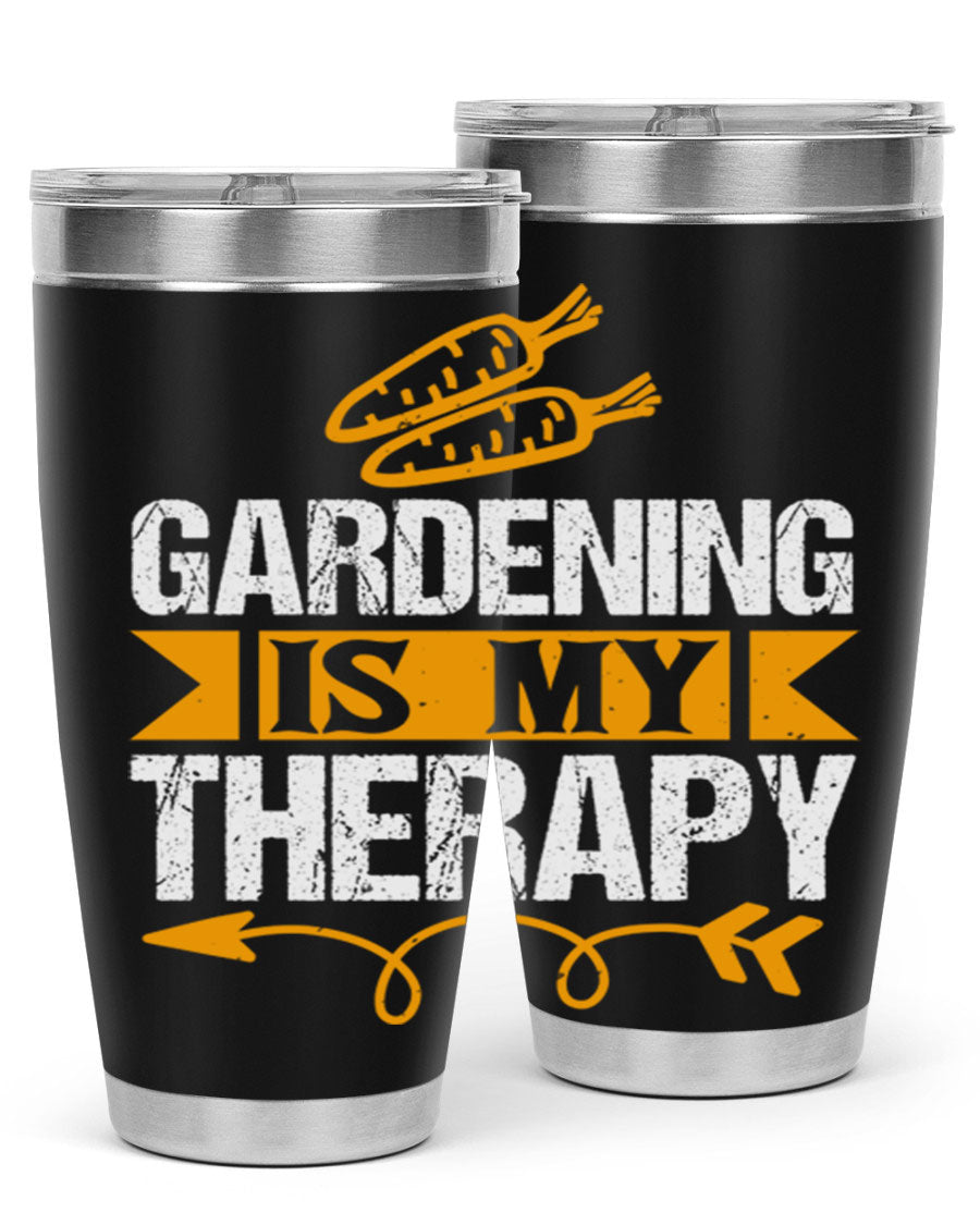 A stylish 20oz stainless steel tumbler with 'Gardening is my Therapy' printed design, perfect for keeping drinks hot or cold.