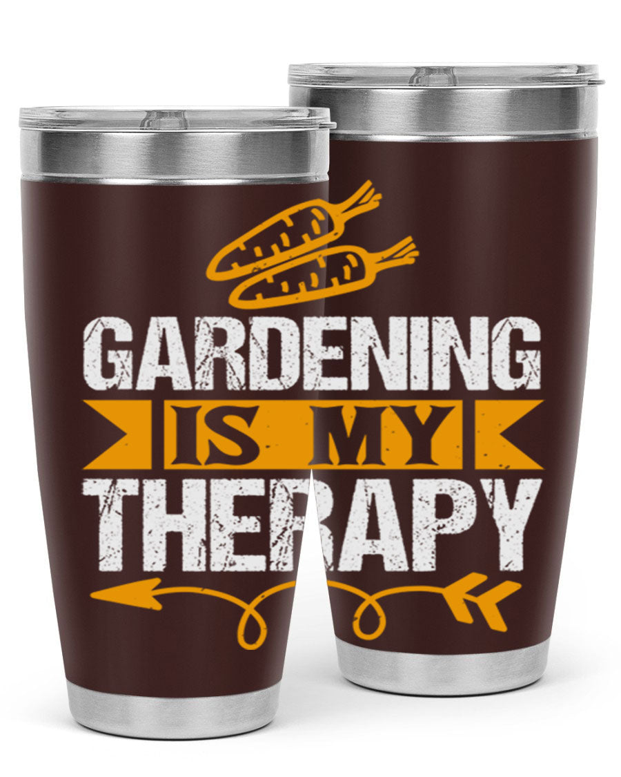 A stylish 20oz stainless steel tumbler with 'Gardening is my Therapy' printed design, perfect for keeping drinks hot or cold.