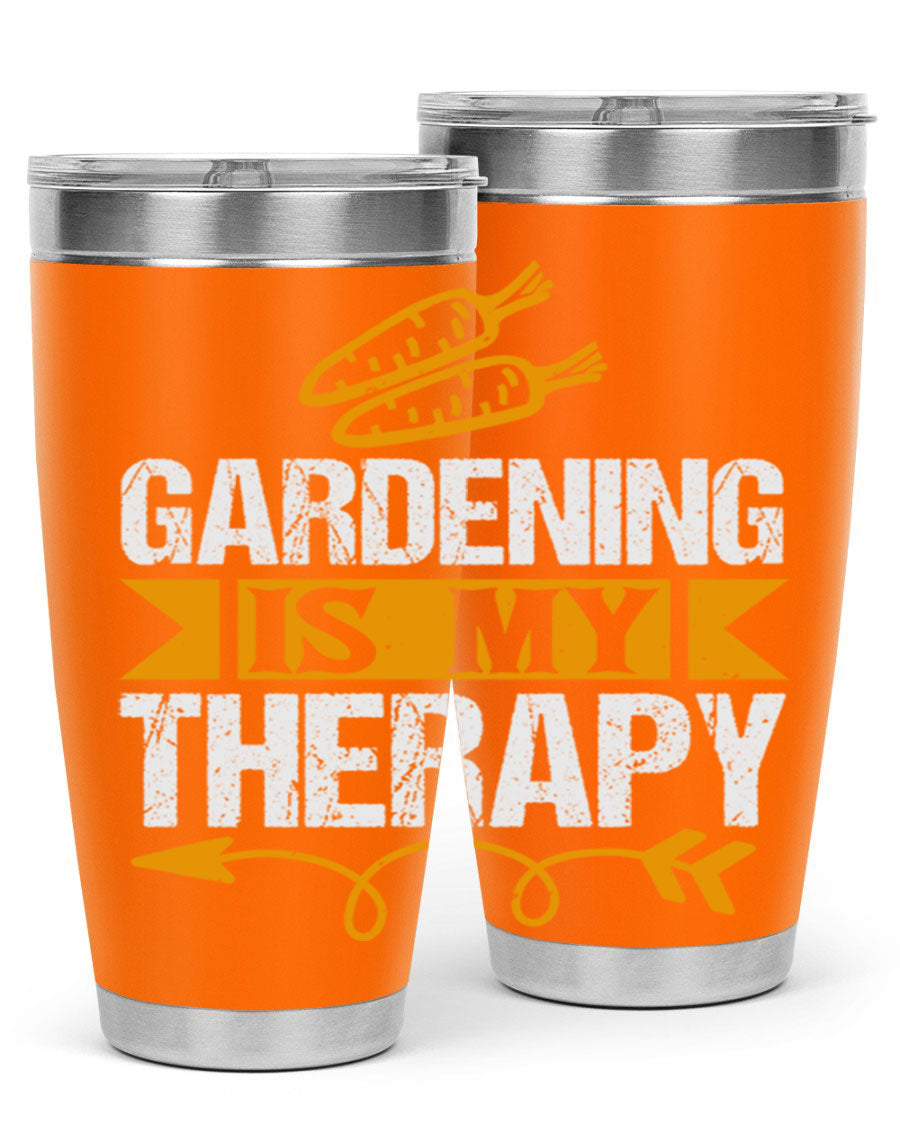 A stylish 20oz stainless steel tumbler with 'Gardening is my Therapy' printed design, perfect for keeping drinks hot or cold.