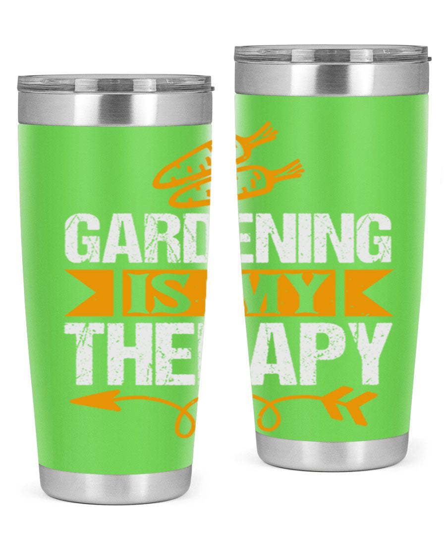 A stylish 20oz stainless steel tumbler with 'Gardening is my Therapy' printed design, perfect for keeping drinks hot or cold.