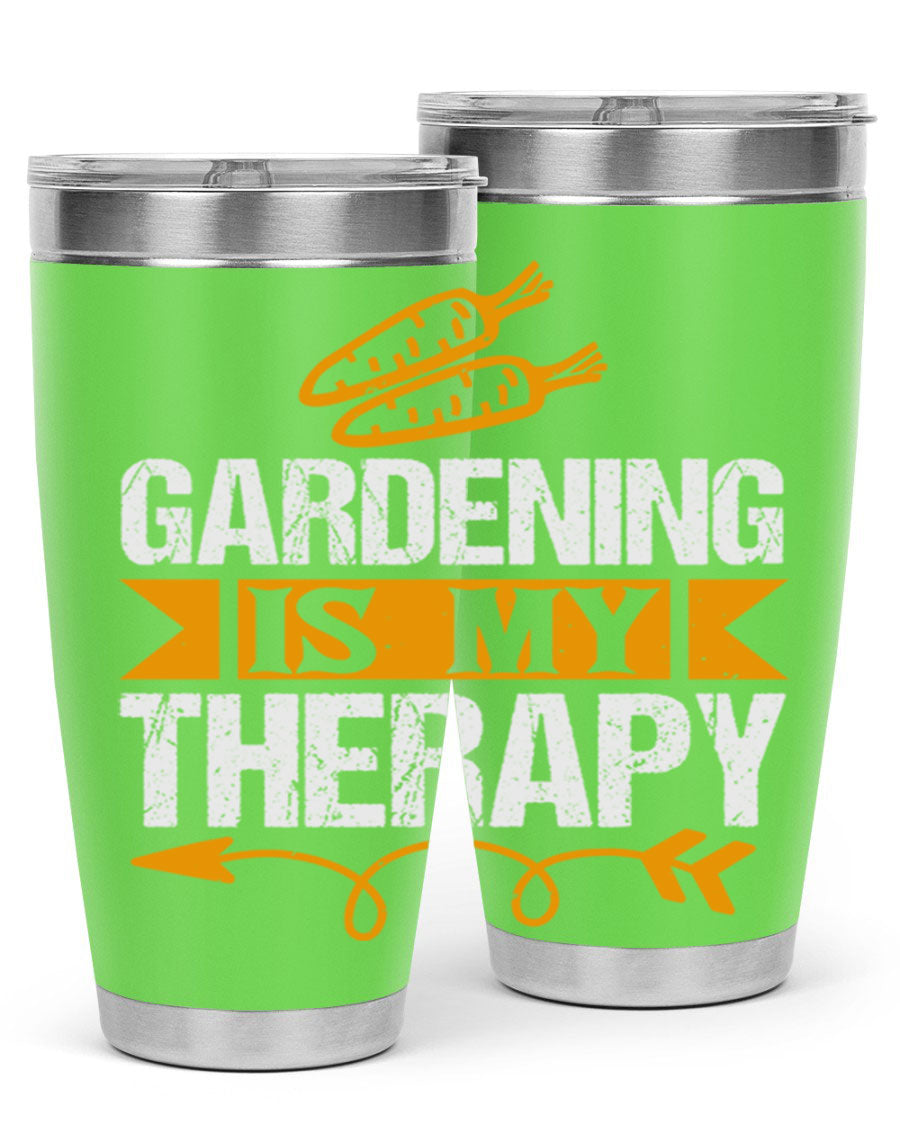 A stylish 20oz stainless steel tumbler with 'Gardening is my Therapy' printed design, perfect for keeping drinks hot or cold.