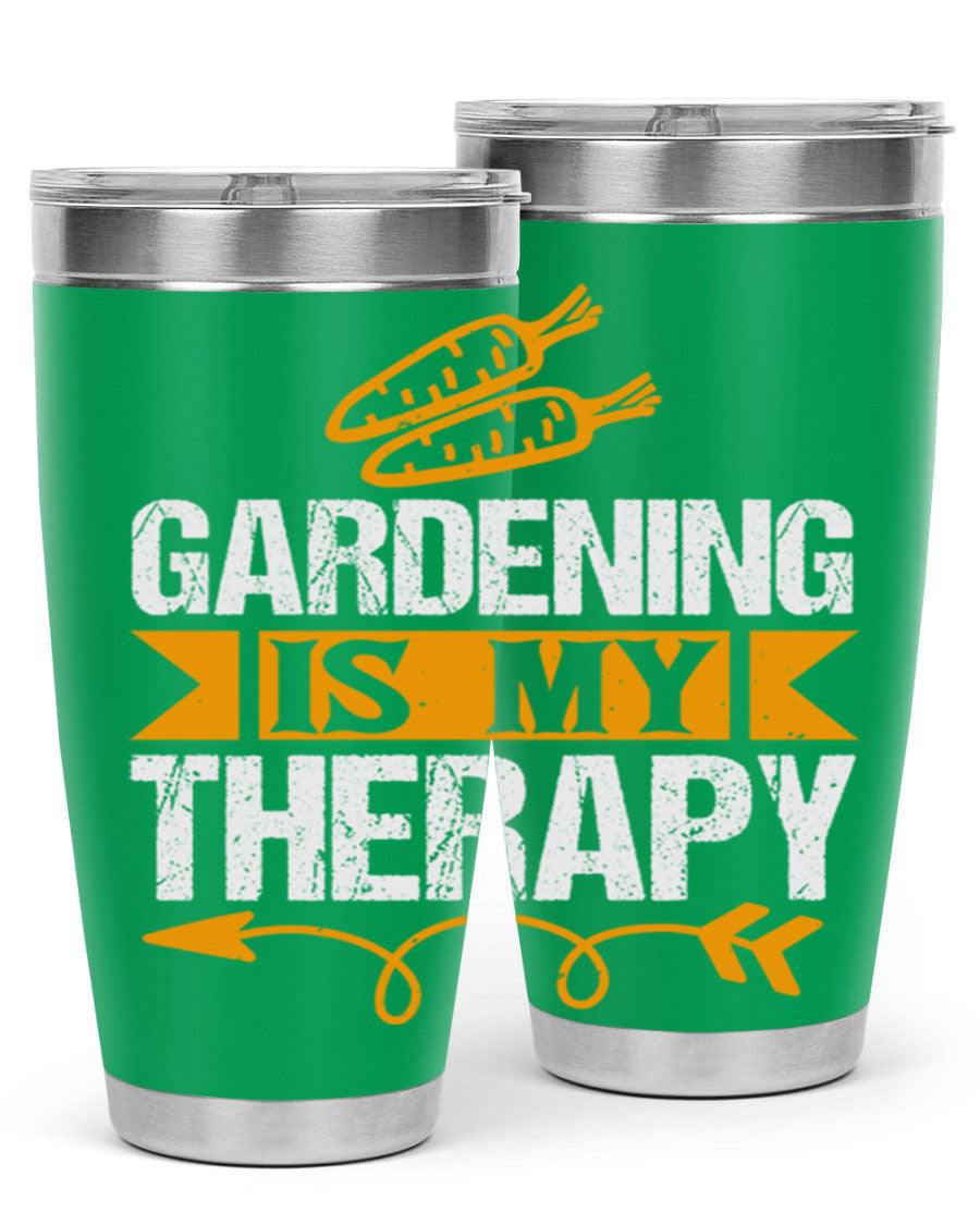 A stylish 20oz stainless steel tumbler with 'Gardening is my Therapy' printed design, perfect for keeping drinks hot or cold.